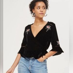 TOPSHOP Black Velvet Wrap Top - size